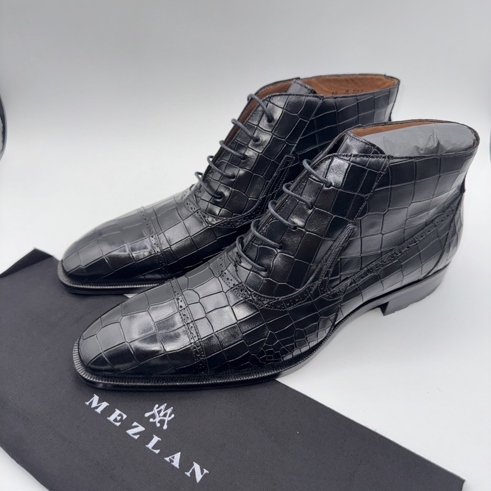 Mezlan McKay Cap Toe Boots Men's Size 10 M Black Crocodile‎ Embossed Leather
